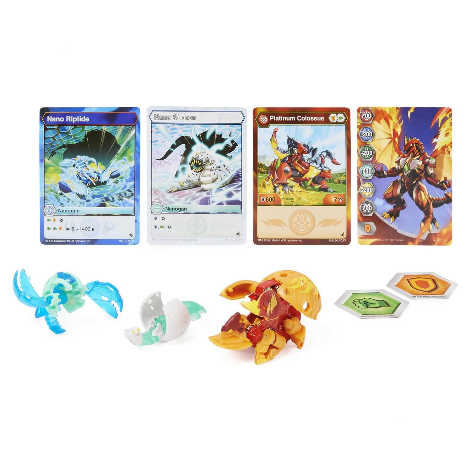 Bakugan Evolutions, Coffret Platinum Power Up Colossus et Nano Riptide et Siphon, figurine articulée Bakugan True Metal, 2 Nanogan, 2 BakuCores, 2 cartes Maîtrise, jouets pour garçons à partir de 6 an