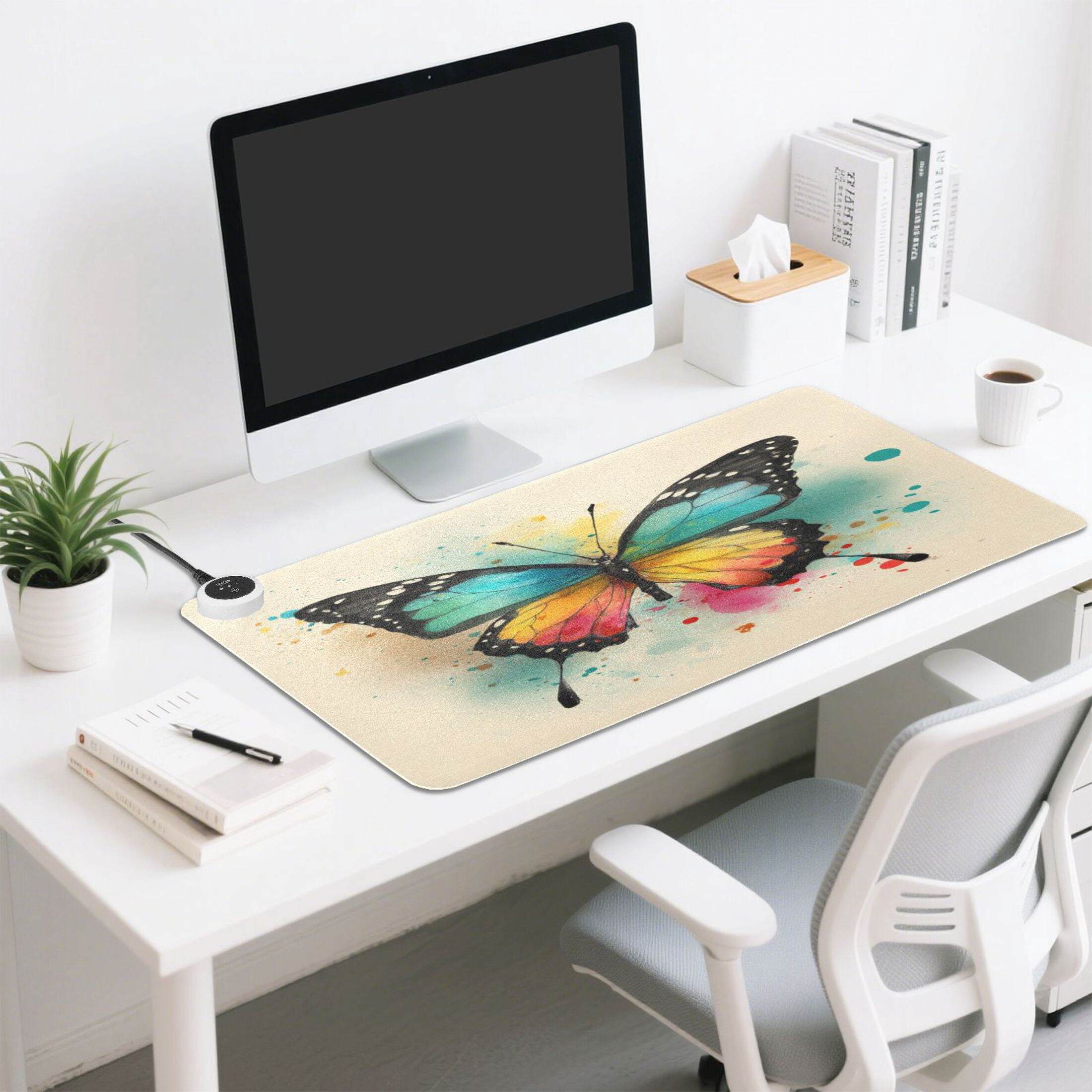 Large Heated Desk Mat Mouse Pad 31.5"x13"PU Leather Graphene Heating Desk Warmer with 3 Temperature Settings 110V US Plug Non-Slip Warm Pad for Home, Office, and Gaming Warm Gradient Butterfly Art