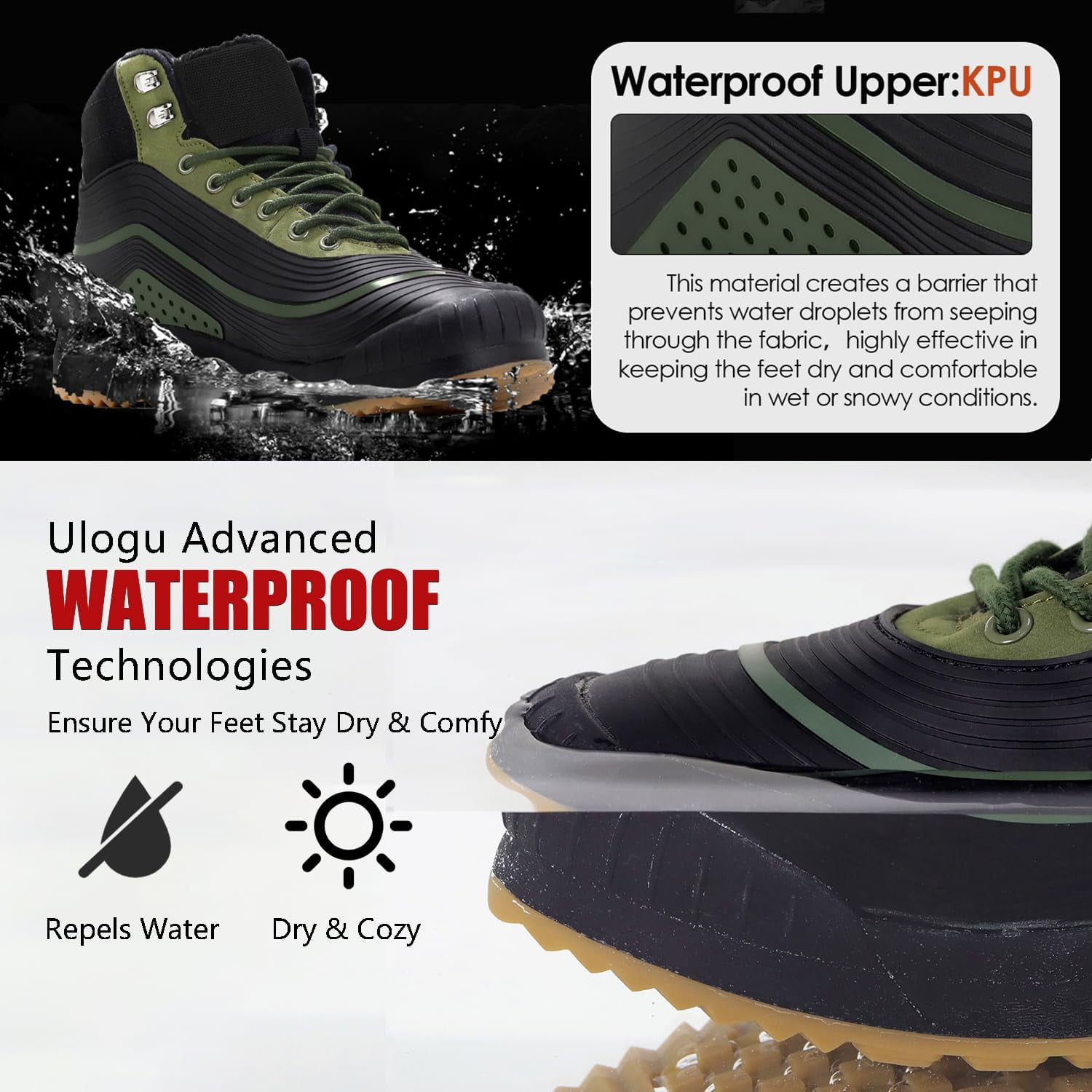 ulogu Women Men's Snow Boots, Waterproof Snow Shoes,Frosty Warm Outdoor Boots, Non-Slip Lightweight Winter Mid Top Ankle Boots for Men Women(Men Size 11, Green)