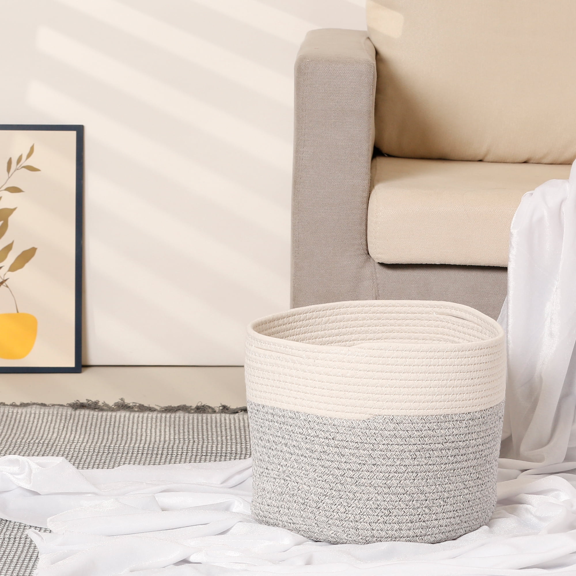 Unique Bargains Woven Storage Basket Bin with Handle for Clothes Home Decor White Grey L