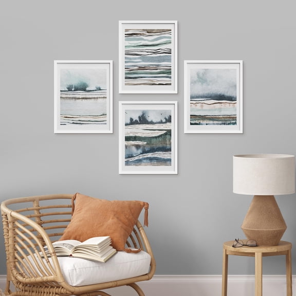 PixonSign Framed Wall Art Blue Pastel Paint Stroke Landscapes Prints, Set of 4 Abstract Shapes Wall Decor Arts, Colorful Wall Décor, Adhesive Canvas Poster, Modern Home Artwork - 11"x14" White