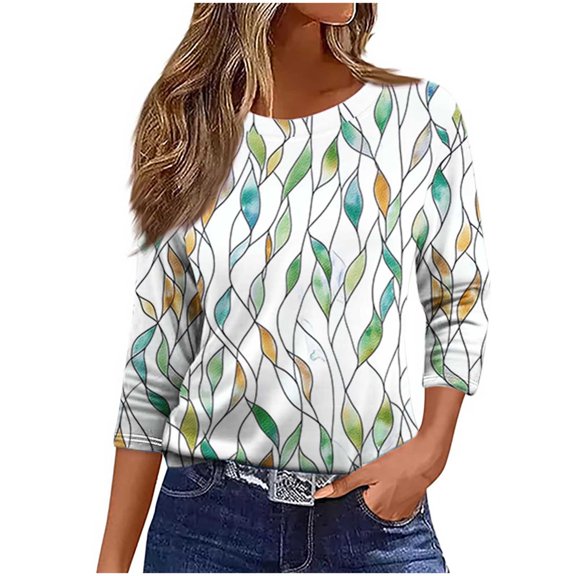 CYMMPU Spring Tops Crew Neck 3/4 Sleeve Tunic Tops Summer Trendy Shirts Blouses for Women Dressy Casual Loose Fit Floral Printed Lightweight Basic Tees S
