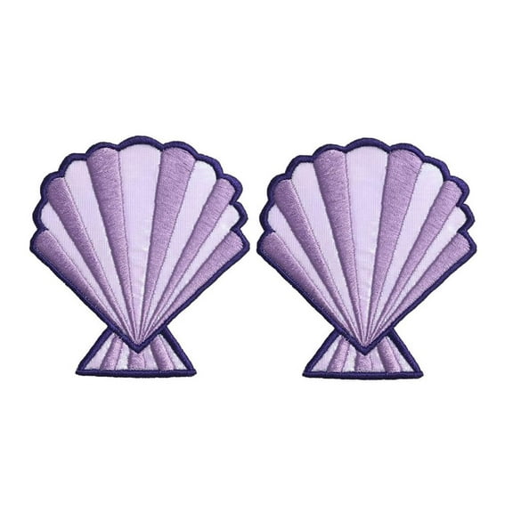 (Set of 2) Seashell - 4" - Purple/Lavender - Shimmery - Beach/Mermaid/Costume - Sea Shell - Iron On Embroidered Applique Patch