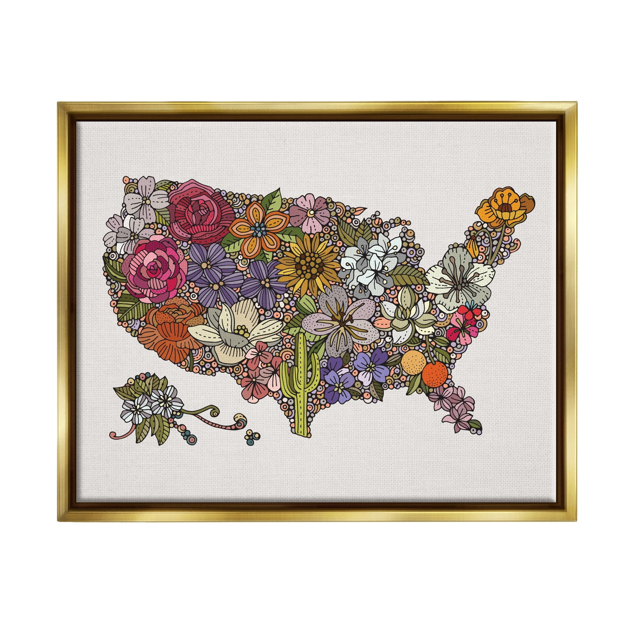 Stupell Industries United States Country Map Detailed Botanical State Flowers Graphic Art Metallic Gold Floating Framed Canvas Print Wall Art, Design by Valentina Harper