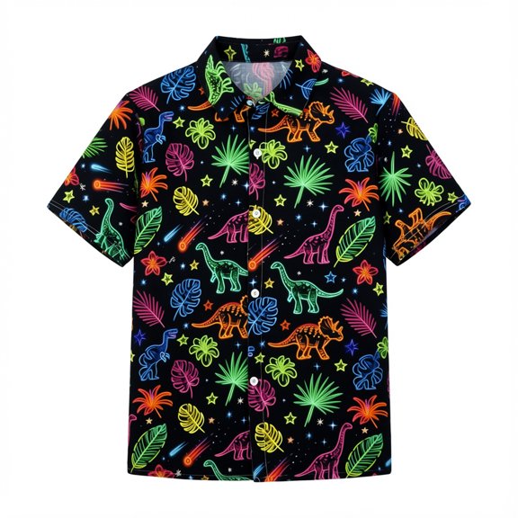 JAJAHO Kids Button Down Shirts For Boys Cartoon Dinosaur Short Sleeve Casual Button Up Shirts Summer Daily Wear 3-16Y Soft Tops
