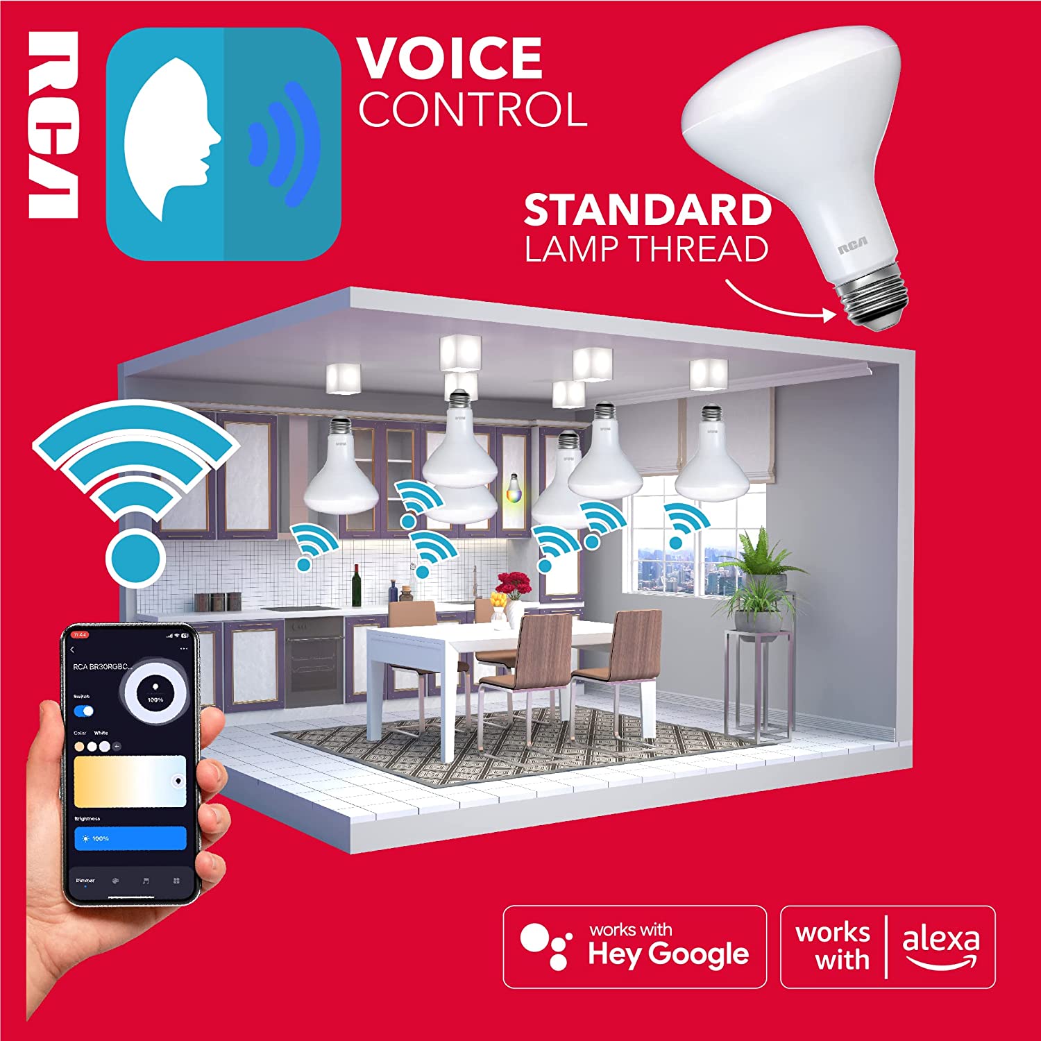 RCA Dimmable Smart Light Bulbs, 2-PK | BR30 WiFi LED Light Bulb | Indoor Flood LED Bulbs | 9W (60W Eq) | 2700K Soft White, 720 Lumens, E26 Base | Voice Activated Lights, Google & Alexa Light Bulb