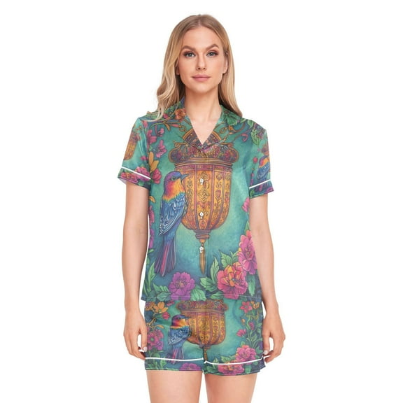 Women Silk Pajama Sets Causal Outings Fashion Floral Lantern Bird Art Pattern Home