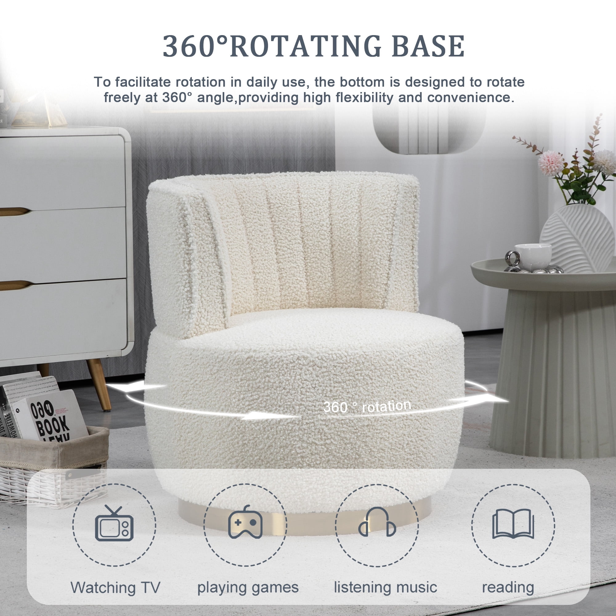 MOONMISS Teddy Fabric Upholstered 360 Degree Swivel Armless Round Barrel Chairs for Living Room-White