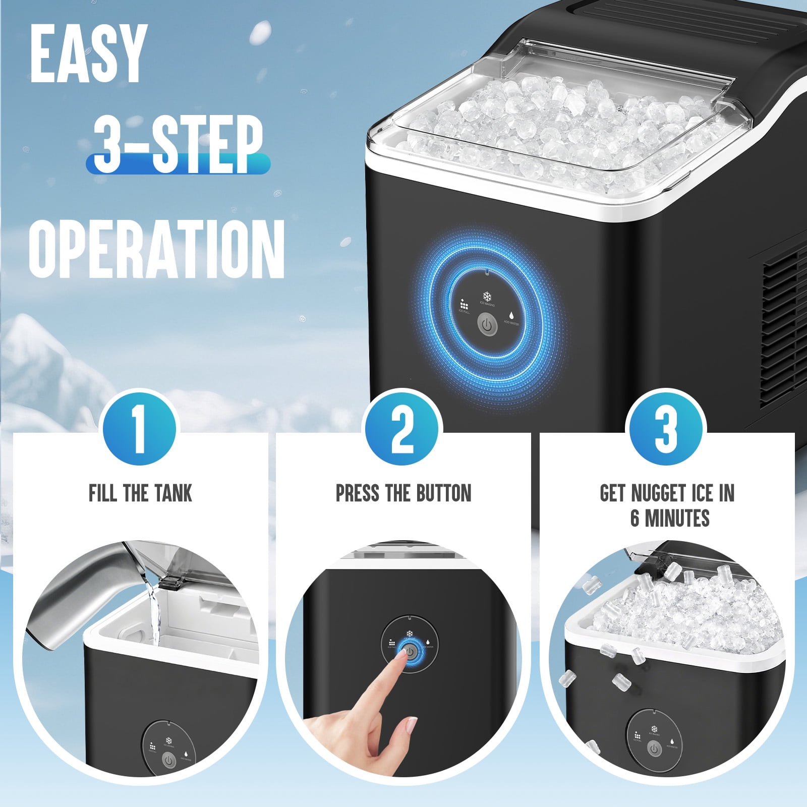 INOVIVA Countertop Nugget Ice Maker, Makes 27 LBS Per Day in 6 Mins, Self-Cleaning Stainless Steel Portable Machine for Home, Office & Parties