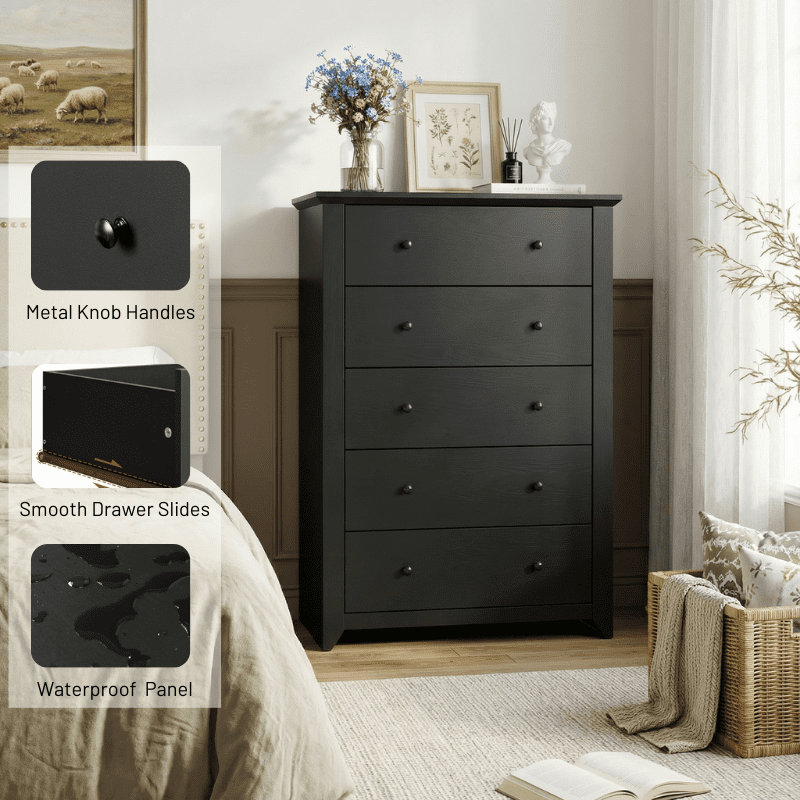 TrumanPick Black Dresser for Bedroom Chest of Drawers 5 Drawer Dresser 47" Tall Wood Dresser for Living Room