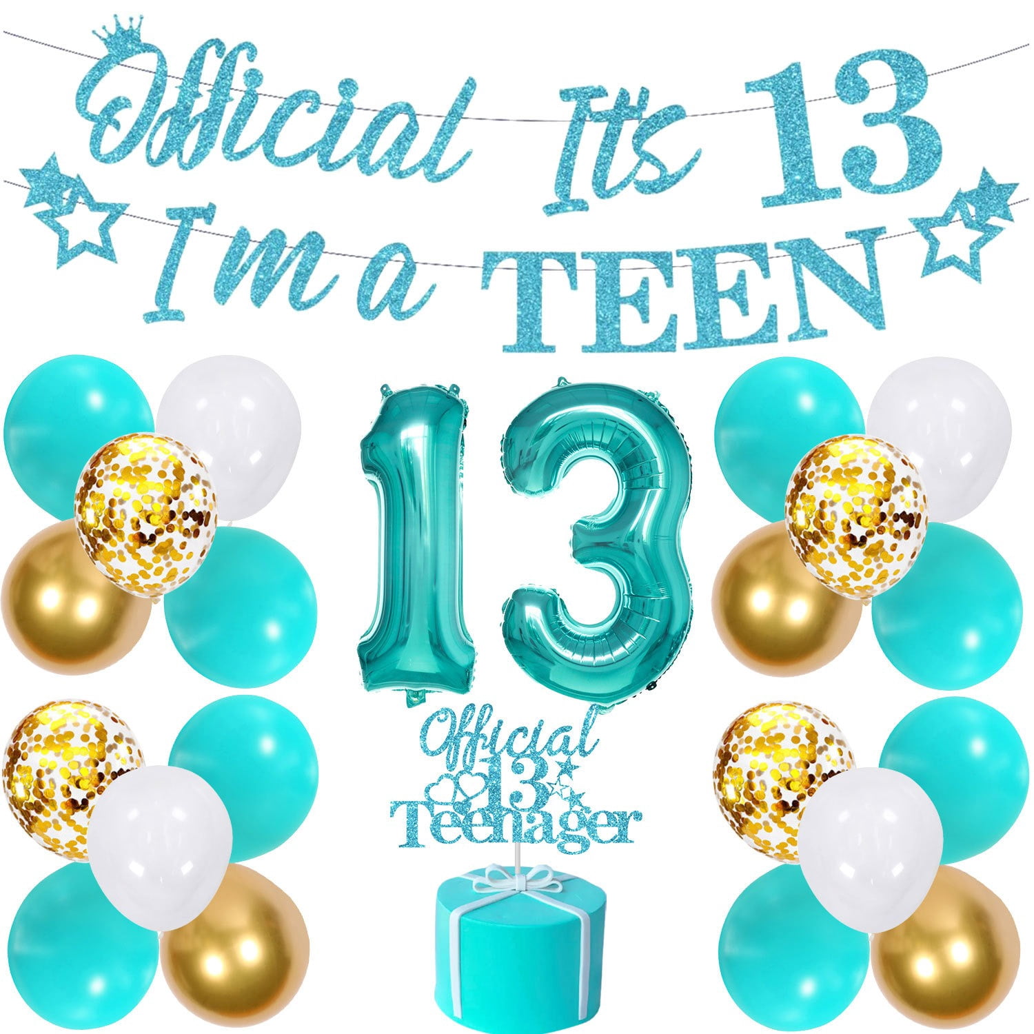 13th Birthday Party Decorations For Girls — Teal Blue & White Theme Kit With Banner, Balloons, Fringe Curtain, Cake Toppers & More