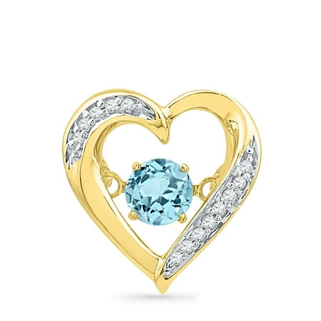 - Solid 10k Yellow Gold Round Simulated Blue Topaz And White Diamond Prong Set Solitaire Heart Pendant (.04 cttw)