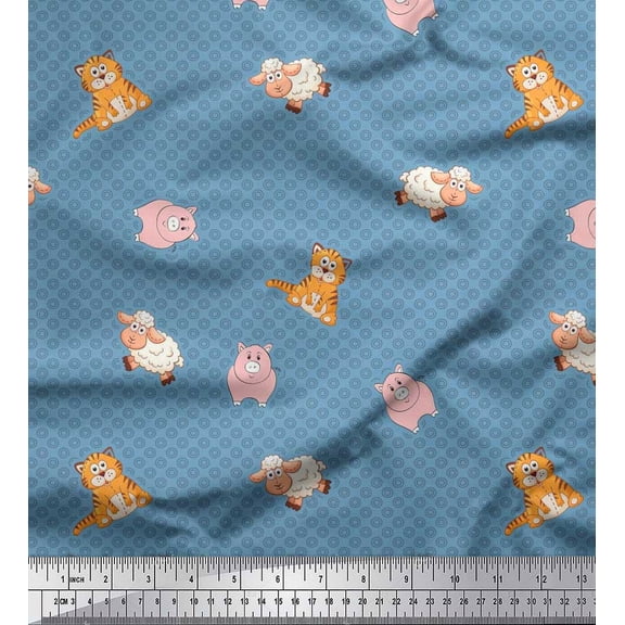 Soimoi Cotton Duck Fabric Circle,Pig & Sheep Kids Print Fabric by The Yard 42 Inch Wide