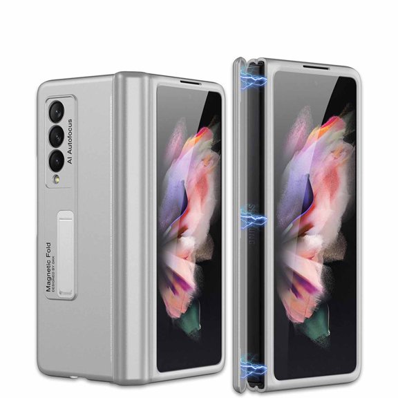 For Samsung Galaxy Z Fold 3 5G Case, TECH CIRCLE Magnetic Folding Stand Shockproof Hybrid Protective Cover, Silver