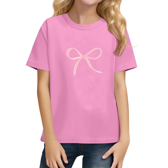 XADYUY Cute Tops for Girls 10-12 Crewneck Bownot Tshirt Summer Loose Short Sleeve Girls Shirts Fashion Cotton Toddler Tops Girls,Pink,7-8Years