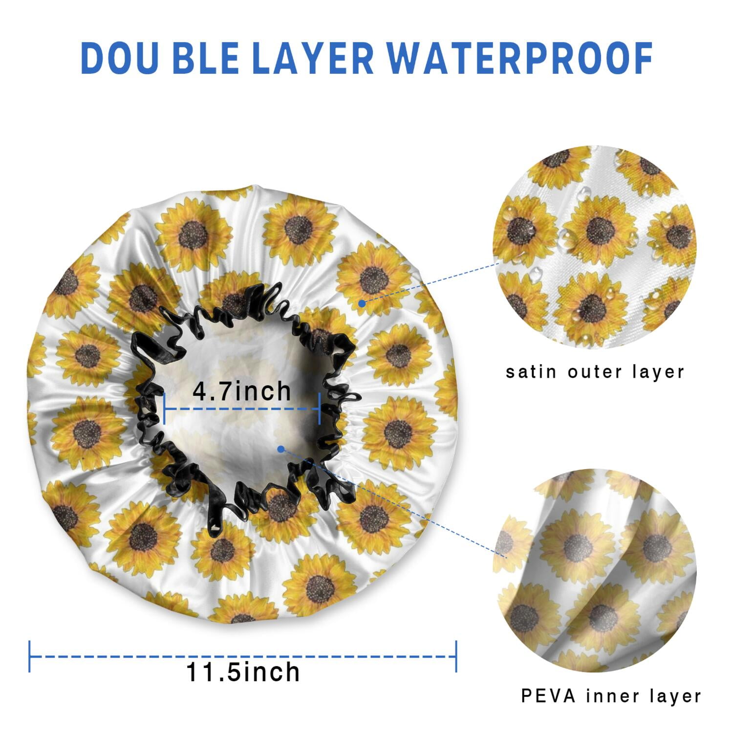 Shower Caps,White Small Sunflower Pattern Waterproof Shower Cap for Women 4 Pieces,Double Reusable Hair Cover for Shower PEVA Elastic Stretch Hem