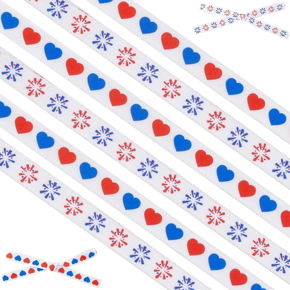 2 Rolls 3/8 Inch Wired Edge Ribbon 10 Yards Patriotic Heart Flower Craft Ribbons 4th of July Applique for Memorial Day Wreath DIY Decorations
