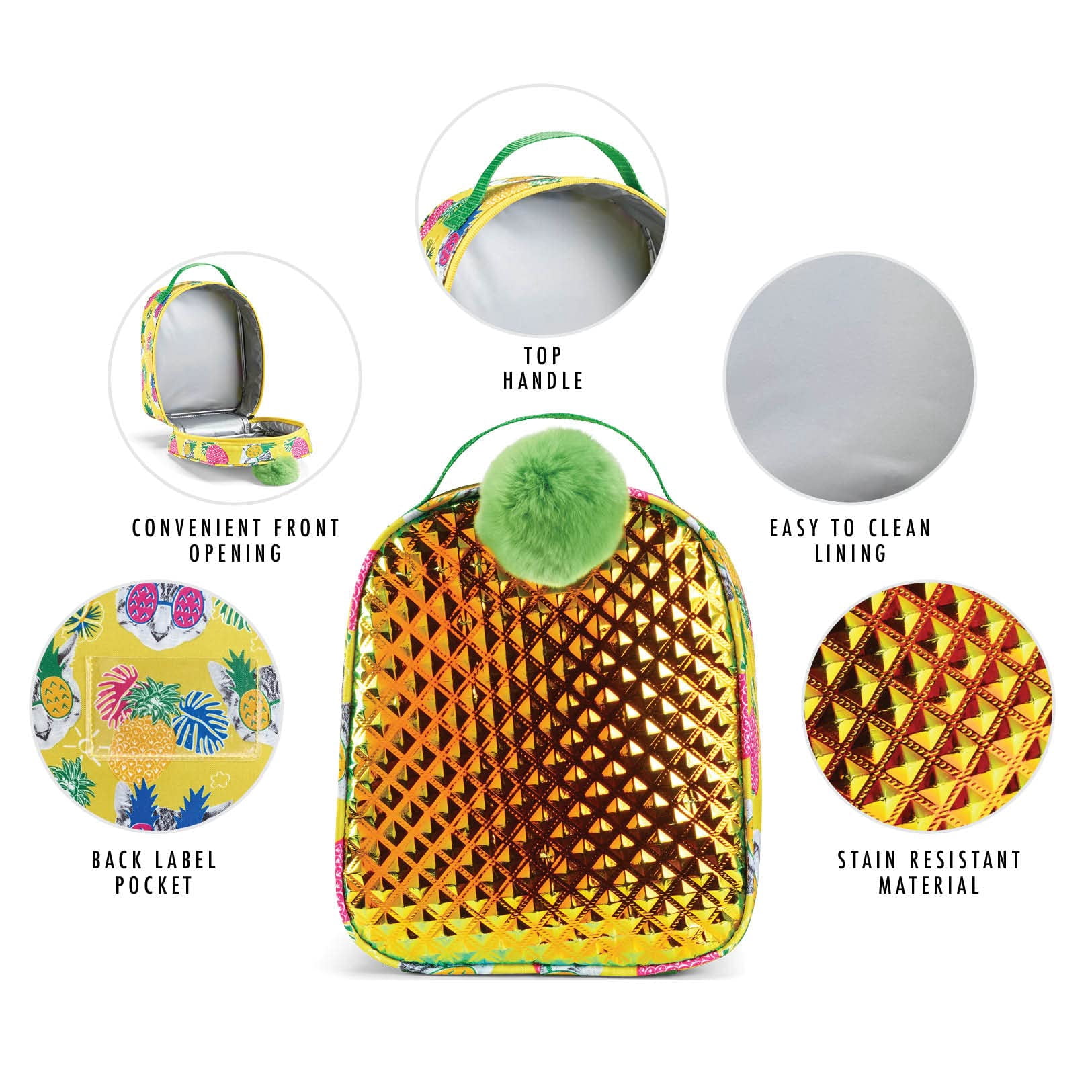 Fit & Fresh Insulated Lunch Box for Kids with Lunch Container and Ice Pack, Pineapple Design, Large Capacity, Leakproof, Yellow