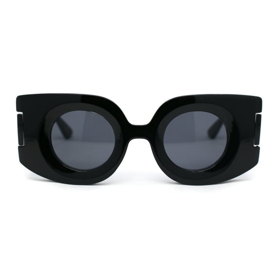 Womens Retro Mod Thick Plastic Rectangle Round Lens Sunglasses All Black