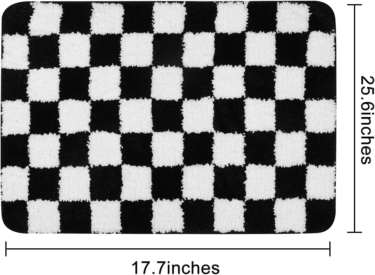 Black and White Checkered Bath Mat, Plush Microfiber Absorbent Bathroom Rugs Luxury Machine Washable Indoor Doormat Non-Slip Shaggy Bath Rugs for Shower Sink Tub (16''''x25'''')