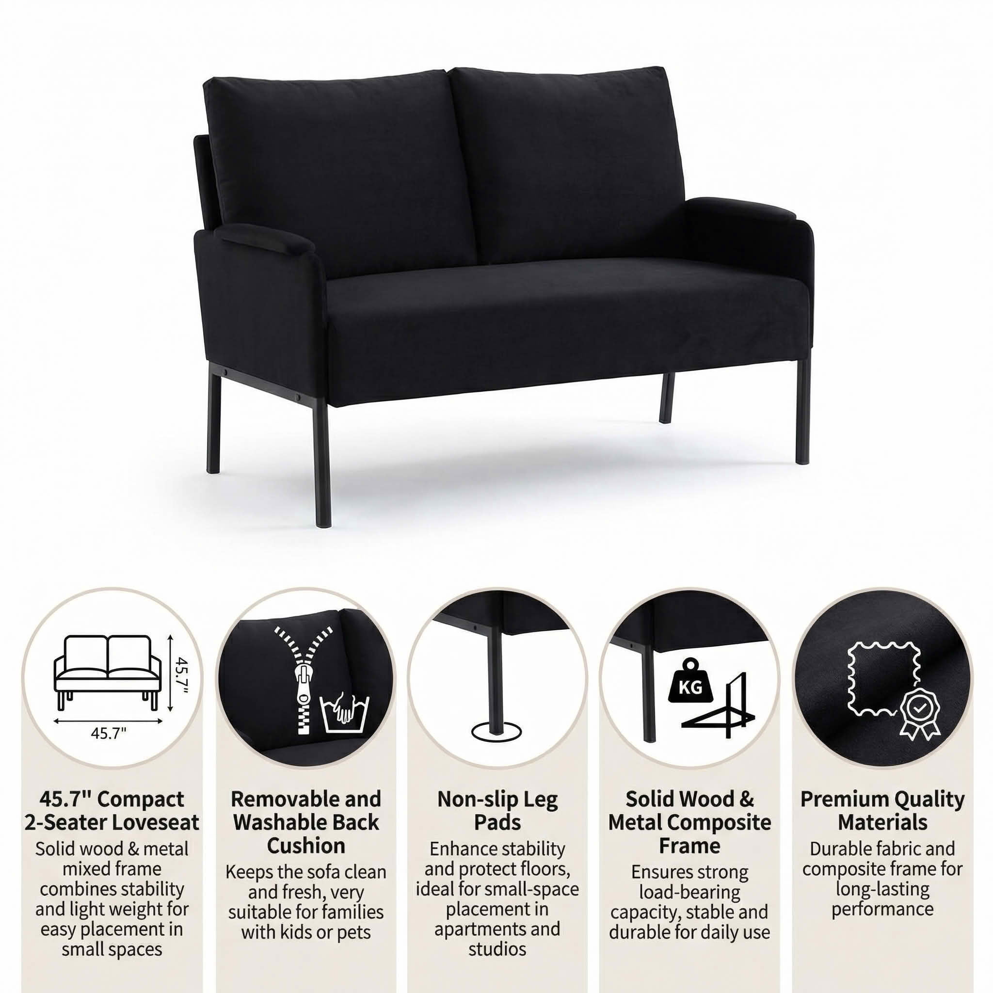 MAYEERTY 45.7" Metal Frame Loveseat, 2-Seater Sofa with Removable Washable Back Cushion, Solid Wood & Metal Frame, Small Space Couch with Non-Slip Leg Pads