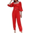 thumbnail image 2 of Idoravan Women Sets Clothing Womens Solid Color Long Sleeve Square Collar Cropped Slim Top + Casual Long Pants Suit Set, 2 of 6