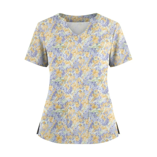 Ktyne Hauts de Sarrau pour Femmes à Encolure en V, Hauts de Sarrau Médicaux à Manches Courtes Extensibles, Uniforme d'Infirmière Mode, Hauts de Sarrau avec Poche, Jaune, TTTG