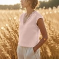 thumbnail image 6 of Helii Pink Tank Tops for Women Women's Cotton Linen V Neck Lace Trim Cap Sleeve Casual Summer Vacation Blouse Top, 6 of 8