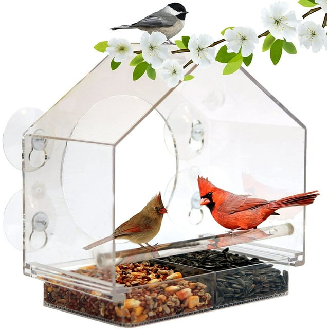 Alimentador de pájaros de ventana de plástico transparente con ventosas fuertes para exterior - Casa de pájaros de acrílico de montaje de ventana transparente para percha de gato