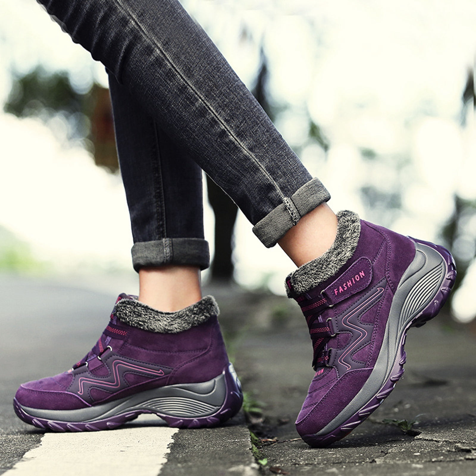 CAICJ98 Womans Winter Boots Warm Lined Waterproof Ankle Booties Outdoor Hiking Shoes Winter Boots for Women (Purple,Size 9)