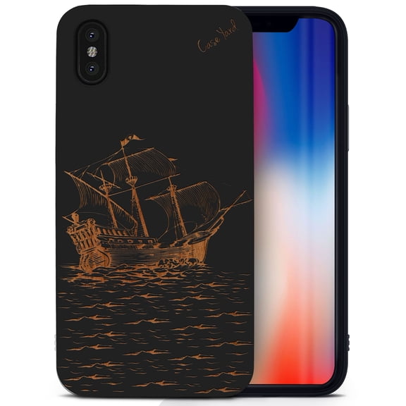 Case Yard Wooden Case for iPhone-X Soft TPU Silicone cover Slim Fit Shockproof Wood Protective Phone Cover for Girls Boys Men and Women Supports Wireless Charging Sailboat Design