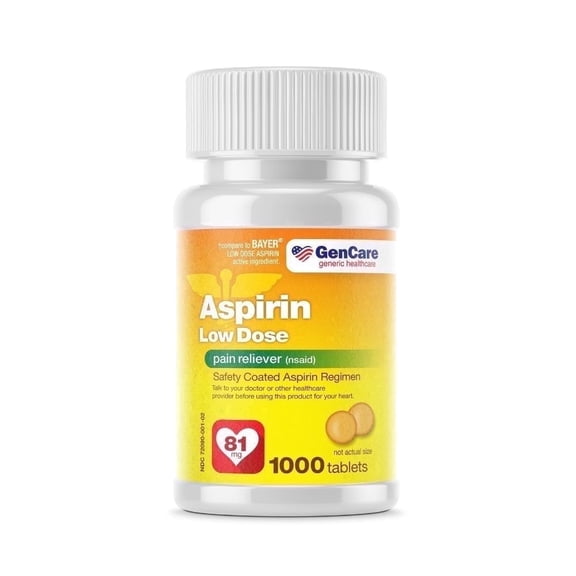 GenCare Low Dose Aspirin (NSAID) 81mg Pain Reliever Pills for Adults, 1000 Coated Tablets