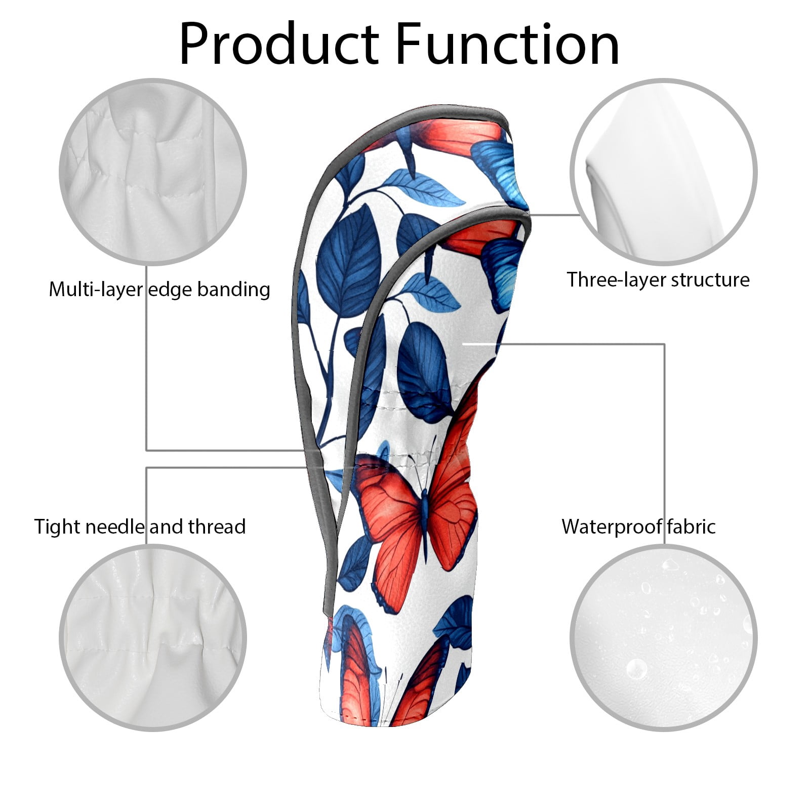 Golf Club Covers PU Leather Waterproof Head Covers for Fairway Woods Hybrids Red And Blue Butterfly