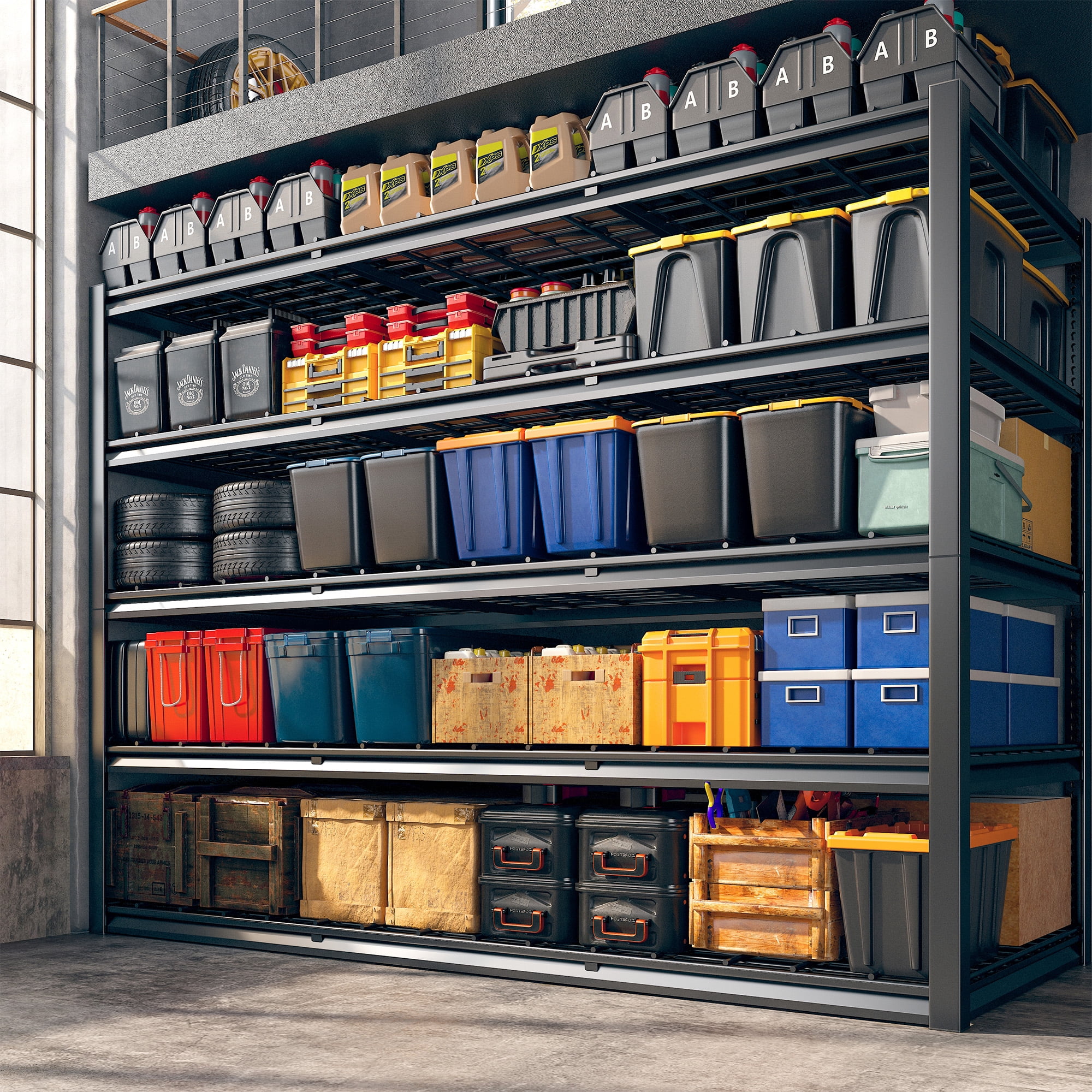 REIBII 60" W Garage Shelving Heavy Duty Storage Shelves 3000LBS Adjustable 5 Tier Metal Shelving Unit for Storage Rack 60" W x 24" D x 72" H