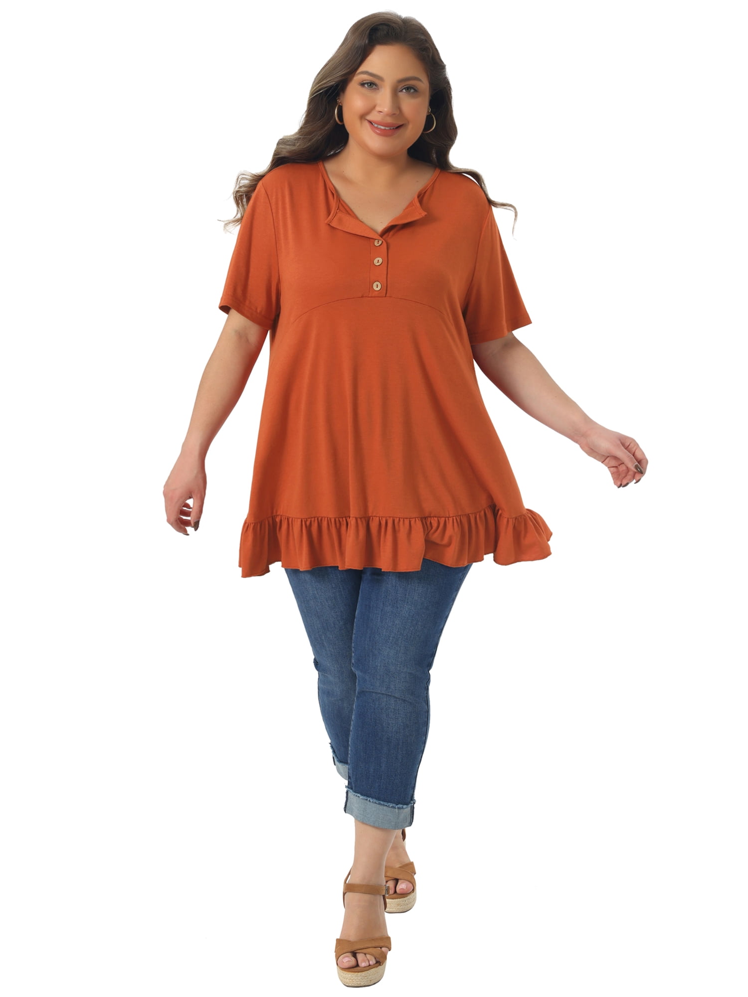 Women's Plus T Shirts Henley V Neck Button Up Short Sleeve Ruffled Hem Blouses Tops 4X Caramel