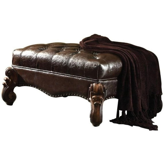 Bowery Hill Faux Leather Upholstered Ottoman in Dark Brown and Cherry Oak