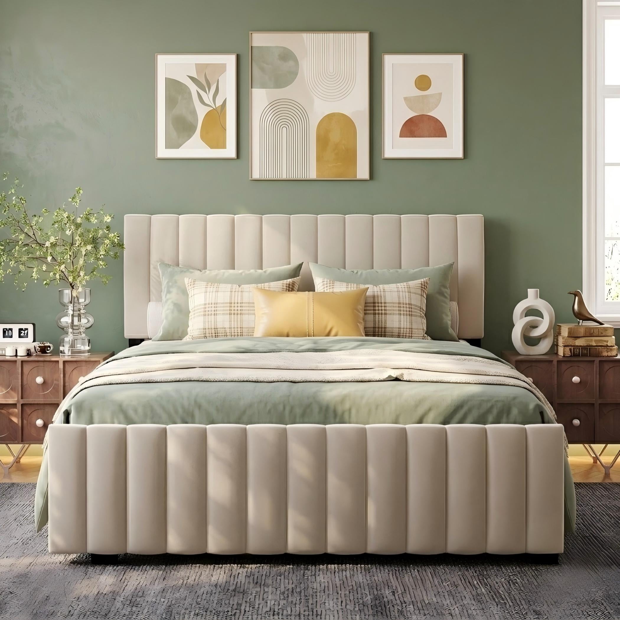 Aukfa Queen Size Upholstered Bed Frame with Twin XL Trundle, Velvet Tufted Headboard & Footboard, Beige
