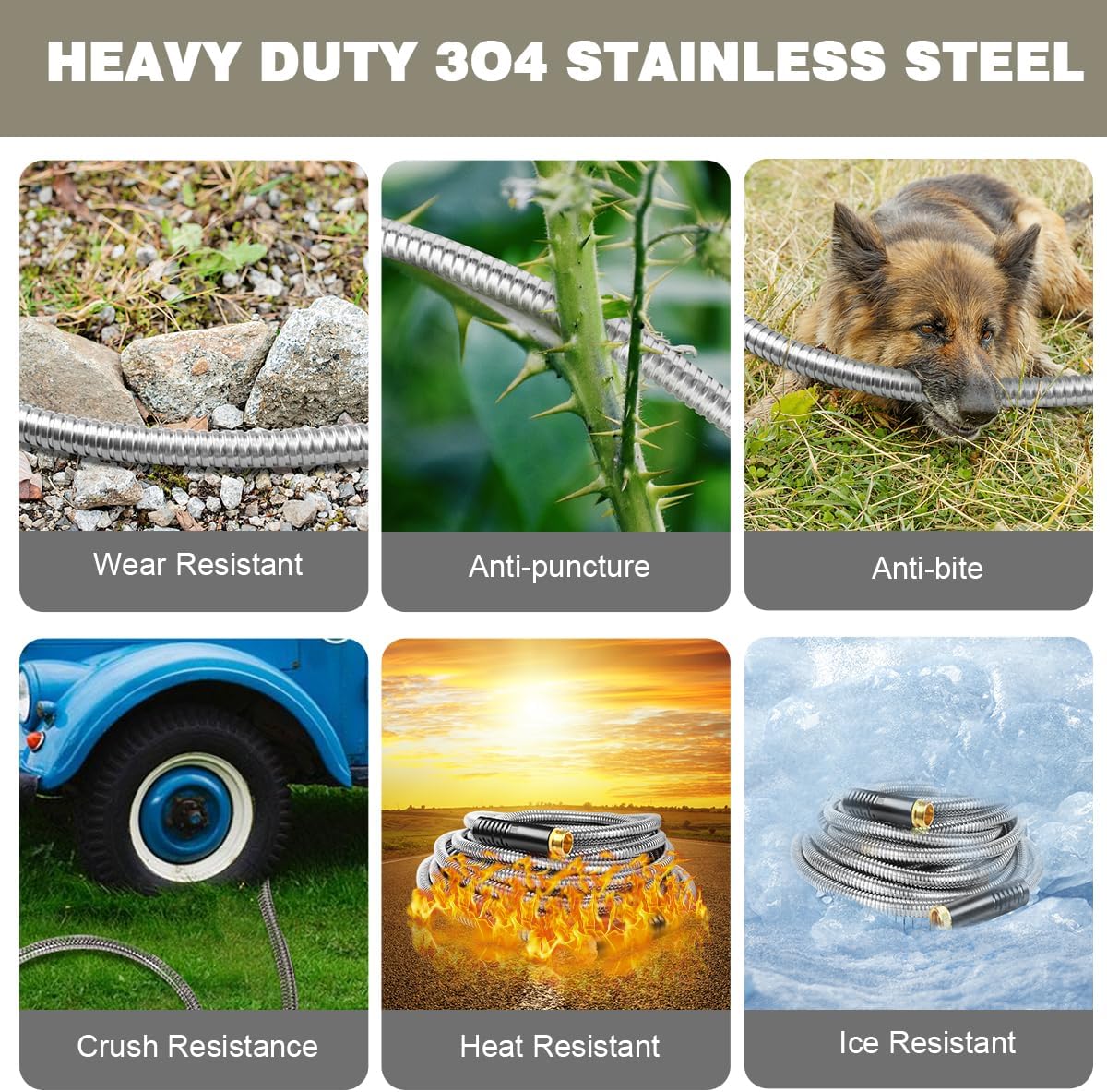 Metal Garden Hose 50FT, Heavy Duty 304 Stainless Steel Water Hoses with Nozzle, Flexible, Rust Proof, No-Kink &  for Yard, Outdoor, RV