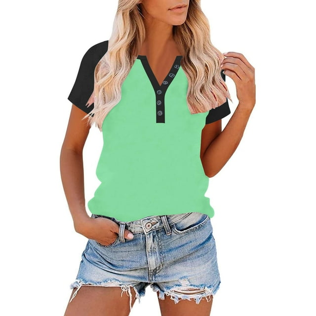 Neewe Womens Short Sleeve Summer Tops Solid V Neck T Shirts Casual Color Block Raglan Shirts Tunic Tees