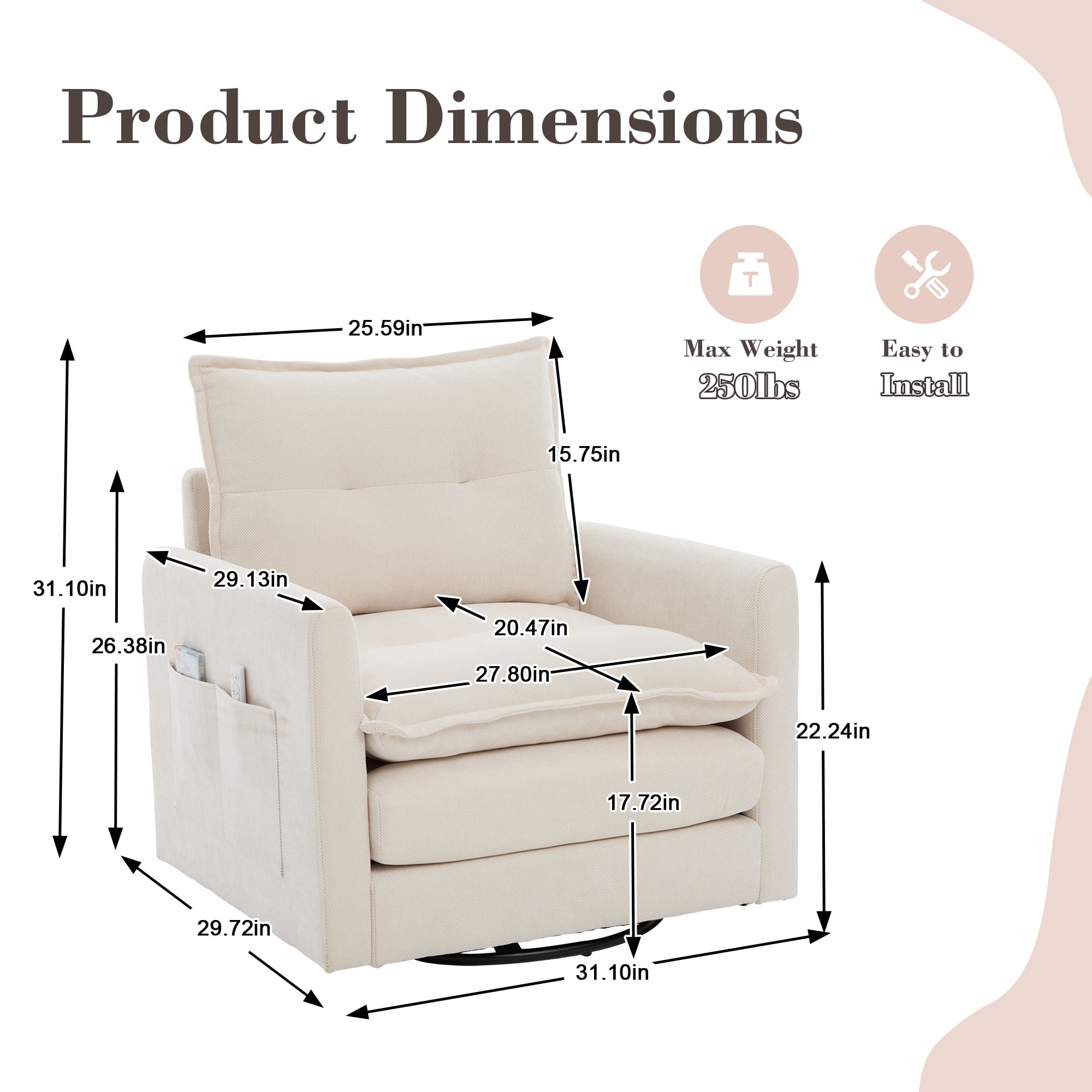 Leumius Swivel Accent Chair,Mid Century Modern Chenille Armchair with Thick Padded and Metal Base,Swivel Single Sofa Chair Barrel Reading Chair for Living Room Bedroom,Beige