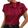 thumbnail image 2 of Women's Elegant Satin Blouse Short Sleeve Bow Tie Neck Top Office Workwear Solid Color Loose Fit Shirt for Business Casual Fashion Clothing for Women, 2 of 4