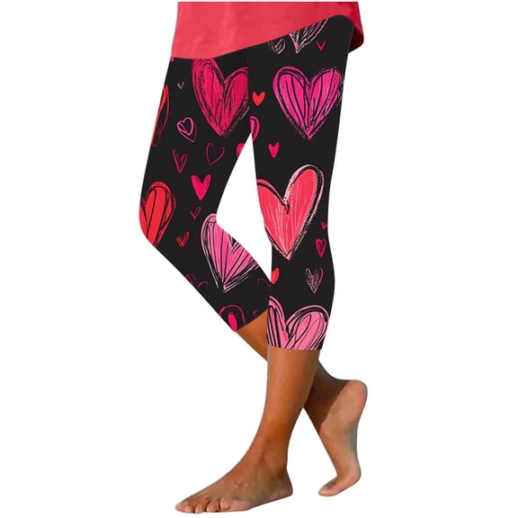 qelini Hearts Valentines Day Leggings for Women Plus Size Capris Pants Elastic Waist Print Ankle Pants Leggings
