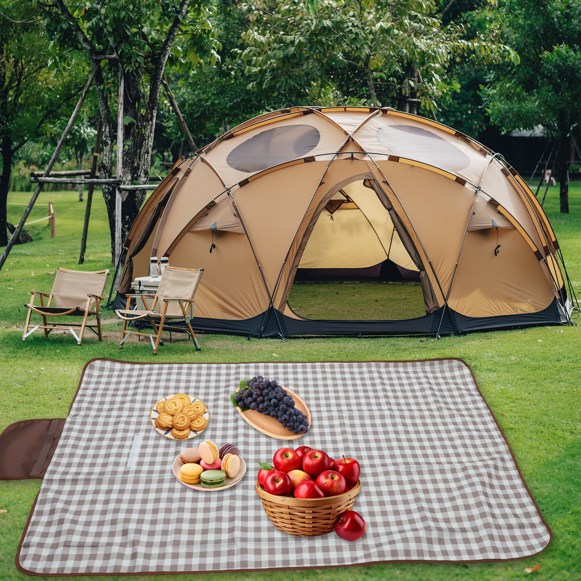 Unique Bargains Picnic Blanket Waterproof Beach Mat Lightweight with Handle Brown White