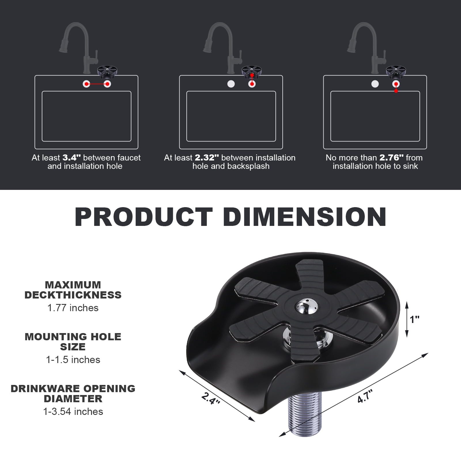 Wowow 6.3 in. Cup Rinser for Kitchen Sink, Matte Black Glass Rinser for Sink