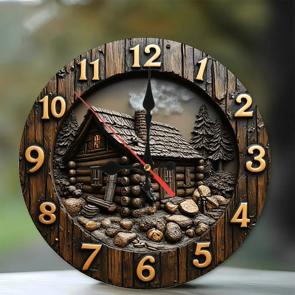 Wooden Cabin Wall Clock Rustic Home Decor 10-Inch Silent Wooden Wall Clock, Battery Operated (AA Batteries Not Included), Artistic Home Decor