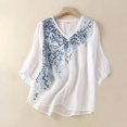 thumbnail image 2 of Npasoilc Summer Tops for Women 2024 Cotton And Linen Short Sleeve V Neck Breathable Embroidery Blouse Solid Color Casual Loose T-Shirt Tops, 2 of 7