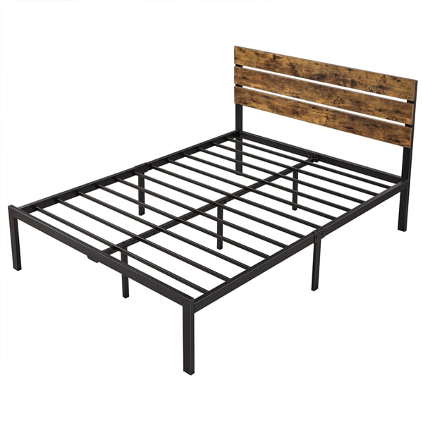 Easyfashion Metal Platform Full Bed, Gray Wood Headboard And Frame