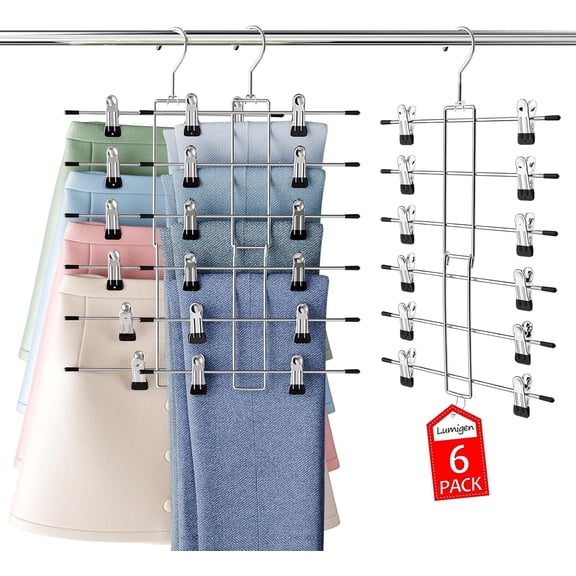 6-Tier Space Saving Pants Hangers with Adjustable Clips, Metal Skirt Organizer for Closet Storage, 6 Pack