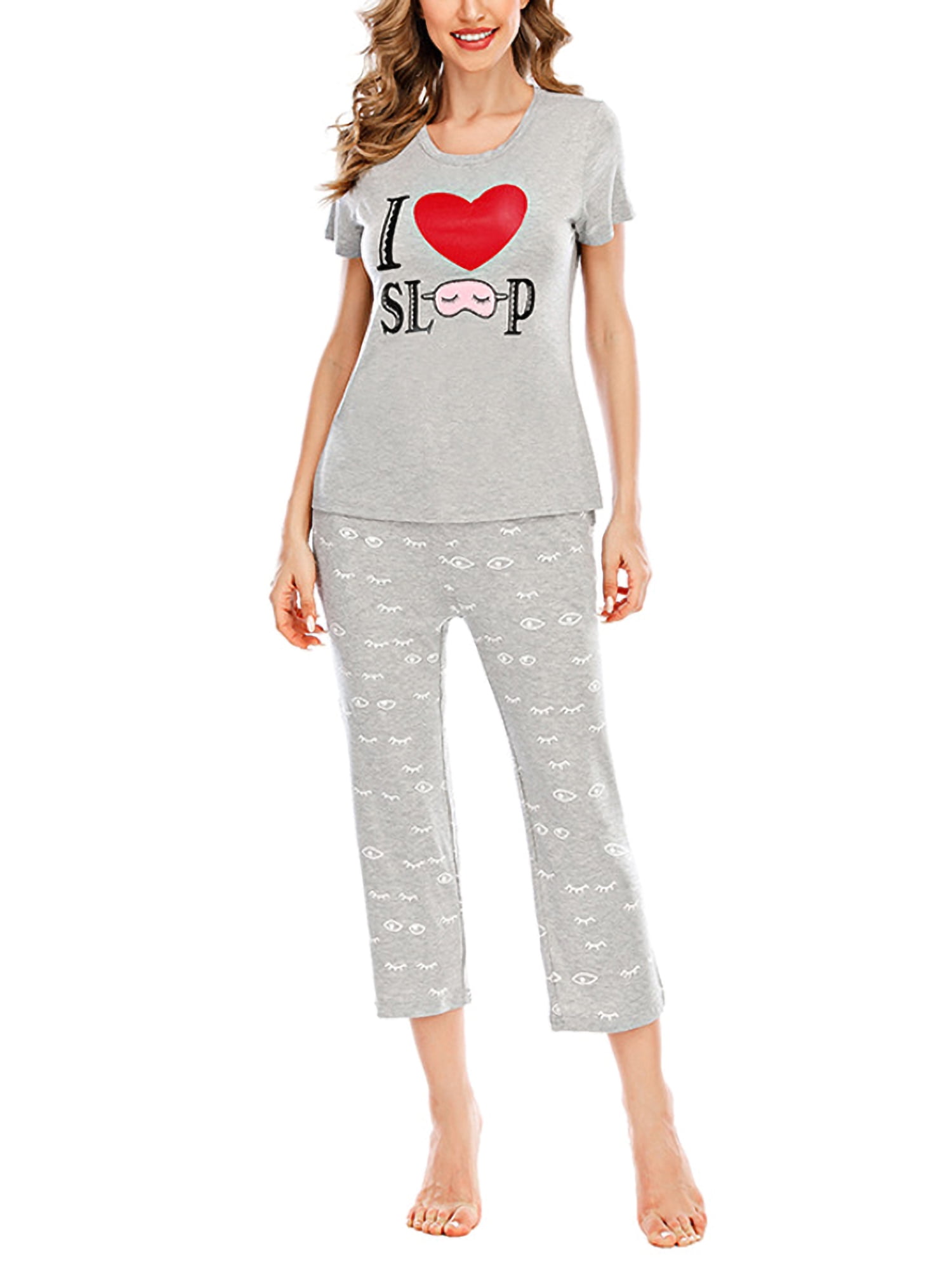 Women Pajama Sets Short Sleeve Cotton Sleepwear Capri Pants with