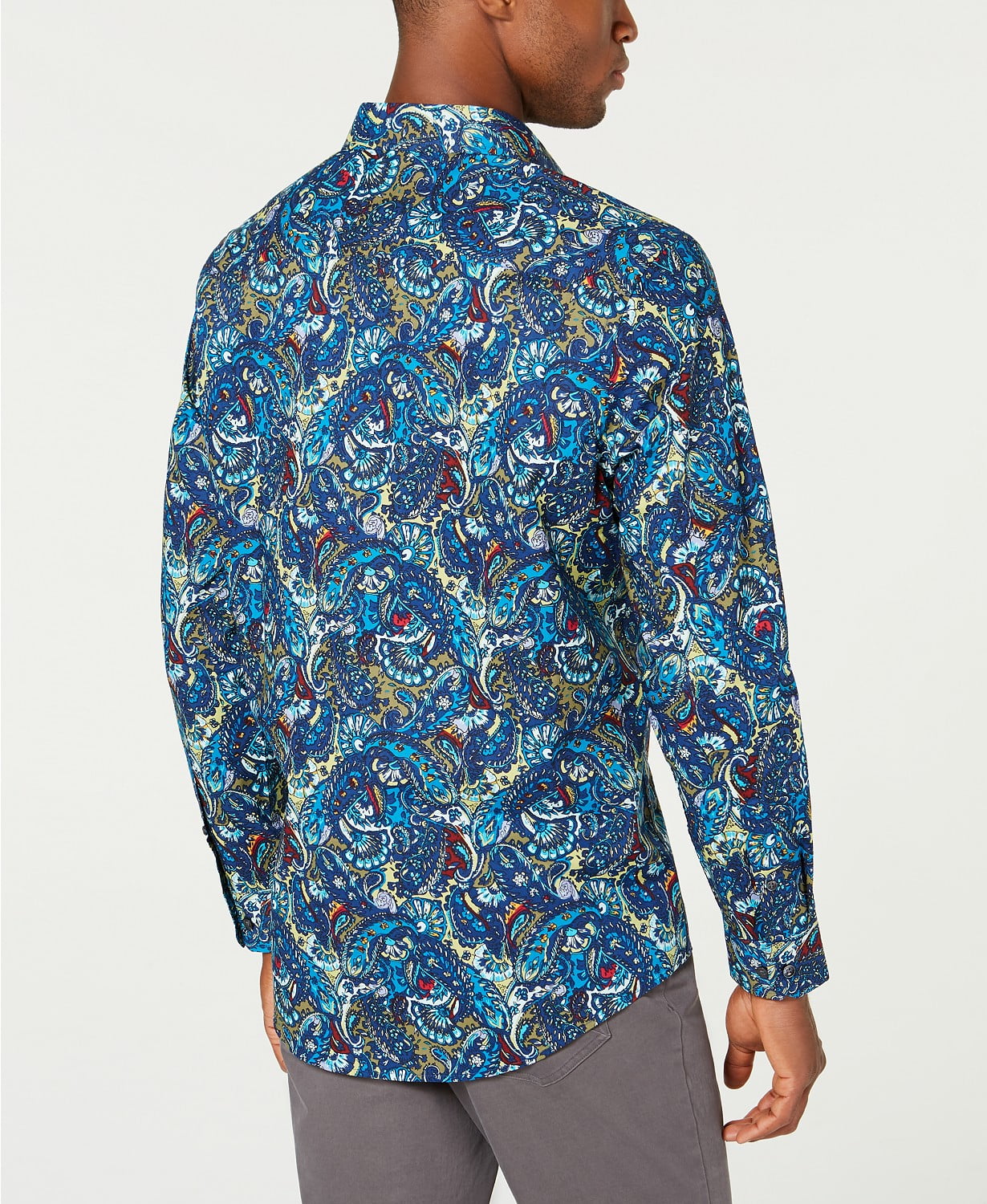 Tasso Elba Men's Stretch Florales Paisley Print Shirt Blue Size